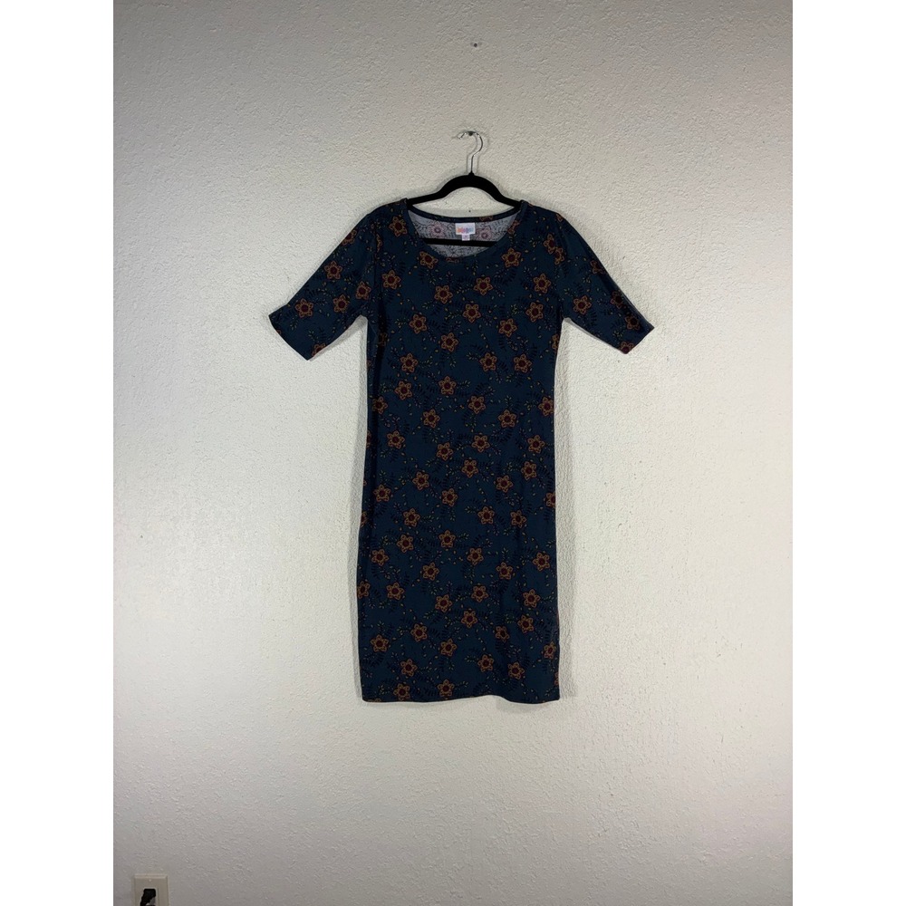 LuLaRoe‎ Blue Floral Julia Dress - M - Short Sleeve Knee Length Boho Fall Hues